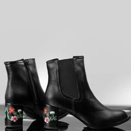 Bxxy Women Floral Embroidered Zipper & Stretch Block Heel Chelsea Boots-23
