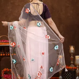 Stylum Floral Printed Embroidered Net Saree image 3