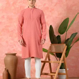 7 GEN Geometric Embroidered Mandarin Collar Sequinned Straight Kurta-image-83