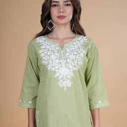 DESIGNER DHAAGE Floral Embroidered Notch Neck Pure Cotton Straight Kurti-image-89