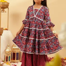 BANDIA Girls Floral Printed Tiered Thread Work Pure Cotton Kurta with Sharara-picture-10