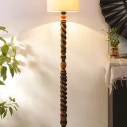 Devansh Brown & Off White Cylinder Shaped Wooden Floor Lamp-11