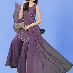 PARROT CREATION Geometric Embroidered Sequinned Georgette Kurti with Sharara And Dupatta image 3
