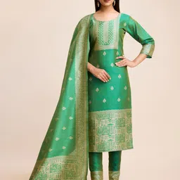 VISHNU WEAVES Women Ethnic Motifs Regular Raw Silk Kurta with Trousers & With Dupatta-image-4