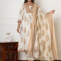 ALLEN Floral Printed Panelled A Line Pure Cotton Kurta With Trousers & Dupatta-image-7
