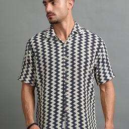 The Roadster Lifestyle Co ZigZag Printed Pure Cotton Cuban Collar Crochet Shirt-image-4
