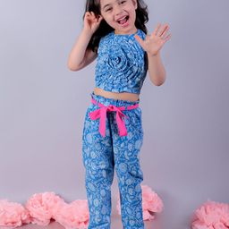 LIL DRAMA Girls Floral Printed Halter Neck Pure Cotton Top With Palazzos-picture-37