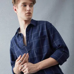 VOLTEDGE Men Classic Regular Fit Spread Collar Windowpane Checked Cotton Casual Shirt-image-87