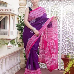 Dastkar Ethnic Motifs Printed Pure Cotton Bagru Saree-picture-31