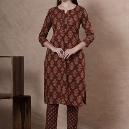 FASHOR Floral Printed Notch Neck Pure Cotton Straight Kurta With Trousers And Dupatta-picture-8