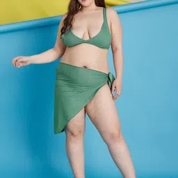 Curves By ZeroKaata Plus Size Halter Ribbed Beachwear Swim Bikini Set With Sarong-image-68