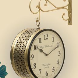 vedas Anvi Beige & White Metal Railway Station Double Sided Wall Clock-22