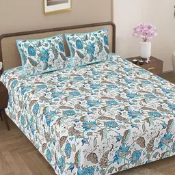 Jaipur Weaves Blue & White Floral 144 TC Queen Bedsheet with 2 Pillow Covers-picture-16
