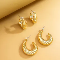 aadita Set Of 2 Gold-Plated Contemporary Shaped Half Hoop Earrings-35