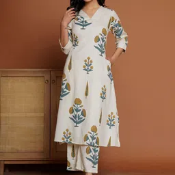 Indo Era Women Floral Printed Regular Pure Cotton Kurta with Palazzos-picture-10