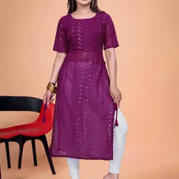PARROT CREATION Ethnic Motifs Embroidered Sequinned Straight High Slit Kurta-image-27
