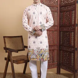 House of Pataudi Ethnic Motifs Printed Thread Work Mandarin Collar Pure Cotton Kurta-picture-29