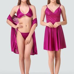 Dreambe Women Pack of 4 Satin Nightdress-image-53