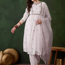 Sangria Floral Embroidered Sequence Georgette Anarkali Kurta & Trousers With Dupatta-16