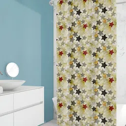 ArtzFolio Off-White-Yellow, Grey & Red Printed Waterproof Shower Curtain-6