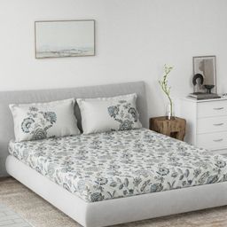 DDecor Grey & Blue Floral Printed Cotton 145 TC King Bedsheet Set2.29 m X 2.74 m-picture-1