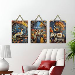 ArtVibes Blue & Yellow 3 Pieces Vibrant Tales of India Printed Wooden Hanging Wall Arts-image-87