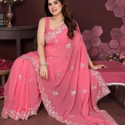 SILKWEAR Floral Embroidered Sequinned Pure Georgette Saree-picture-17