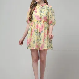 Bright Nex Floral Printed Ruffled Puff Sleeve Georgette Fit & Flare Mini Dress-image-82