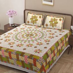 Jaipur Weaves Green & Yellow Ethnic Motifs 180 TC King Bedsheet with 2 Pillow Covers-image-21
