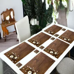 REVEXO 6Pc Brown & White Printed Rectangle Costers & Table Placemats-33