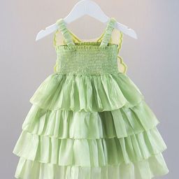 YK Girls Self Design Smocked Detail Shoulder Straps A-Line Layered Dress-24