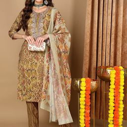 AHIKA Women Ethnic Motifs Embroidered Regular Thread Work Pure Cotton Kurta with Trousers & With Dupatta-image-54