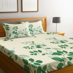 Fashion String Green & Cream-Coloured Floral 144 TC Queen Bedsheet with 2 Pillow Covers-46