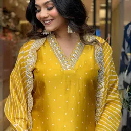 Royal Export Bandhani Printed Gotta Patti Work Chanderi Kurta With Trousers & Dupatta image 2