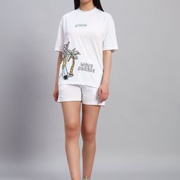 GRIFFEL Printed Oversized-Fit Pure Cotton T-Shirt & Shorts Co-Ord Set-image-88