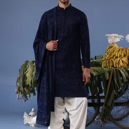 KALPRAAG Embroidered Mandarin Collar Straight Thread Work Kurta With Patiala And Dupatta-image-84