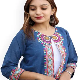 Prijam Ethnic Motifs Embroidered Crop Open Front Shrug-2
