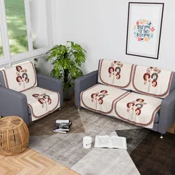 Aura Cream-Coloured & Red 6 Pieces Floral Printed 3 Seater Velvet Sofa Covers-8