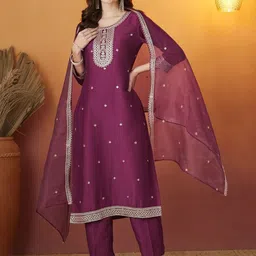 Colors of Earth Women Floral Embroidered Thread Work Kurta with Trousers & Dupatta-image-29