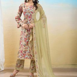 IOLY Women Floral Printed Regular Thread Work Pure Cotton Kurti with Pyjamas & Dupatta-image-109