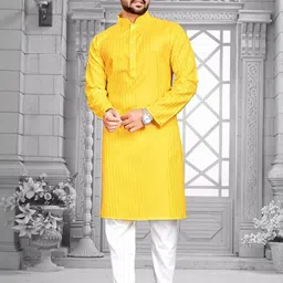 RAJWADI FASHION Men Striped Straight Kurta (Yellow)-image-2