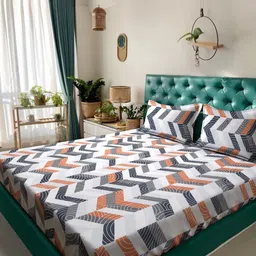 HOSTA HOMES Grey & Orange Geometric 300 TC Queen Bedsheet with 2 Pillow Covers-image-68