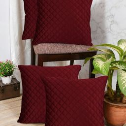 IVAZA Maroon Set of 4 Checked Velvet Square Cushion Covers-8