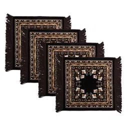 Kuber Industries Black & Brown 4 Pieces Floral Printed Velvet Pooja Mats-29