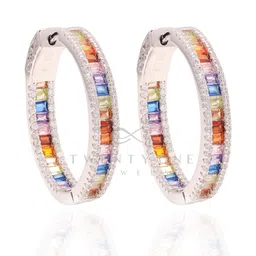 Multi Coloured Baguette Diamond Classic Round Hoops on Pure 925 Silver-picture-53