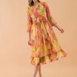 OCTICS Floral Print Bell Sleeve Georgette Fit & Flare Midi Dress-picture-43