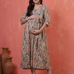 Nayo Women Floral Print Maternity Midi A-Line Cotton Dress-picture-46
