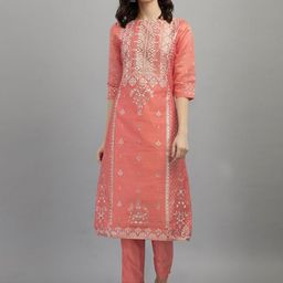 KAVINDI Floral Printed Boat Neck Chanderi Silk Straight Kurta With Trousers-picture-43