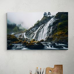 Tushaco Handicrafts Grey & Green 1 Piece Waterfall Canvas Wall Art-image-83