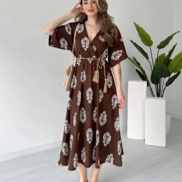 Women Fit and Flare Brown Midi/Calf Length Dress-image-18